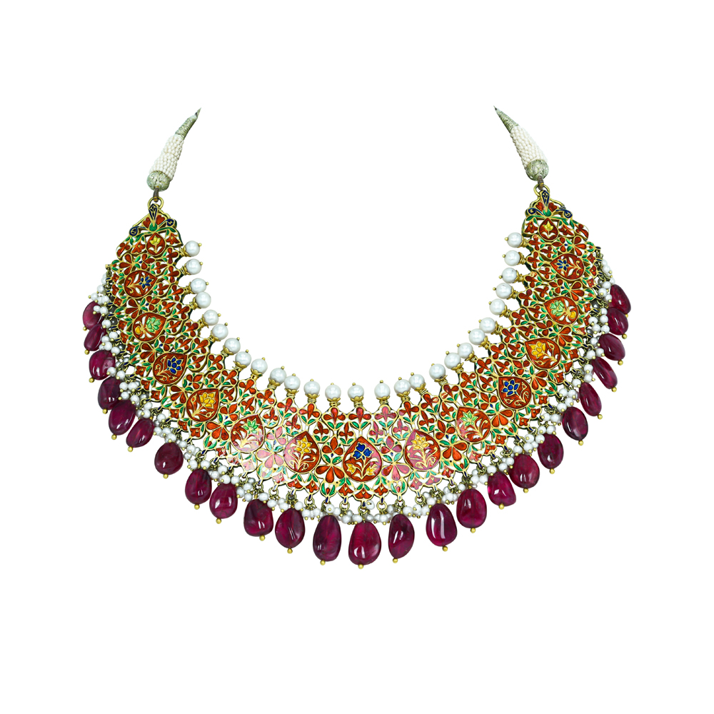 Layered Polki Necklace with Tourmaline Drops and Pearl Borders